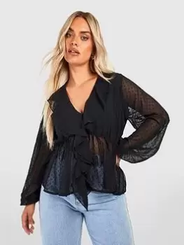 Image of Boohoo Plus Plus Dobby Ruffle Smock Top - Black, Size 20, Women