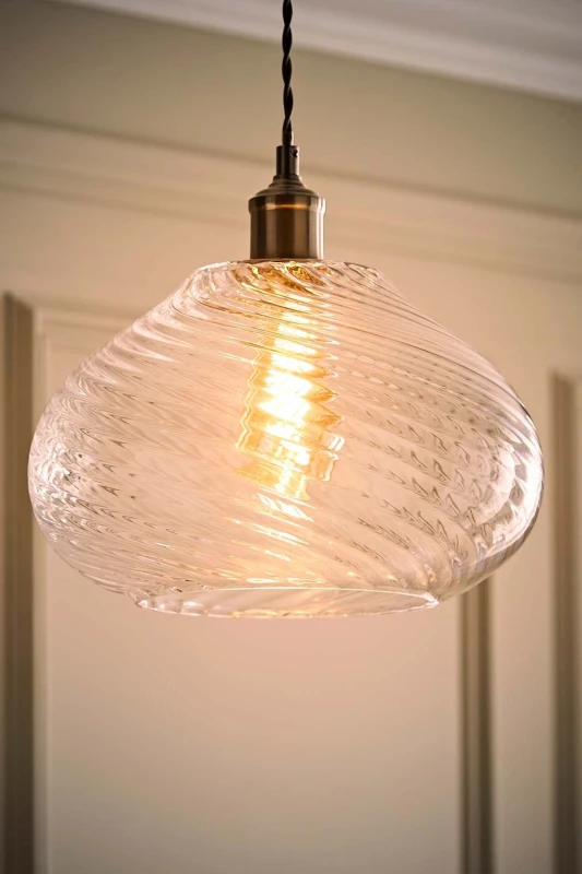 Image of ValueLights ValueLights Corinne Twill Spiral Bulbous Glass Easy Fit Pendant Lamp Shade with LED Bulb in Clear Clear One Size Unisex 5059406065552