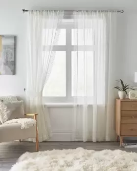 Image of Cotton Traders Pair Macrame Trim Voile Curtains with Tiebacks in White