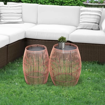 Image of Teamson Home - Outdoor Garden Furniture Small Round Drum Patio Side Table Plant Stand in Bamboo Wicker with Metal Top, Weather Resistant, Brown