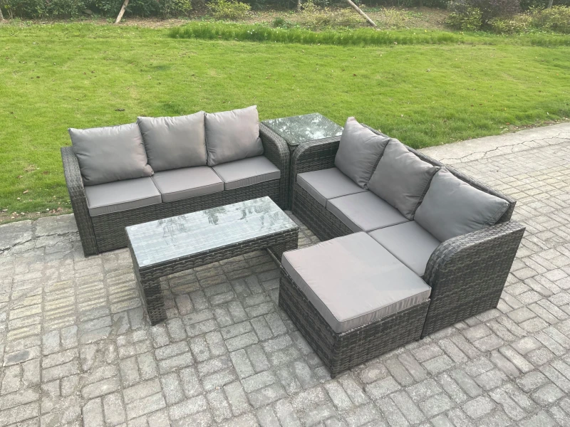 Image of Fimous Outdoor Lounge Sofa Set Rattan Garden Furniture Set with Rectangular Coffee Table Big Footstool 3 Seater Sofa Dark Grey