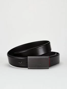 Image of HUGO Gexter Plaque Leather Belt - Black, Size 100 Cms, Men