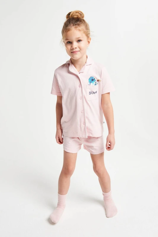 Image of Brand Threads Lilo & Stitch Short Pyjama Set in Pink Size: 7-8 Years Pink Unisex 7-8 Years