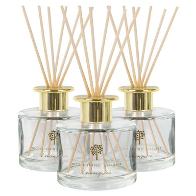 Image of Nicola Spring Glass Reed Diffusers - 200ml - Lemongrass - Pack Of 3 Fruity Summer Fragrance With 6 Reeds Each Long Lasting