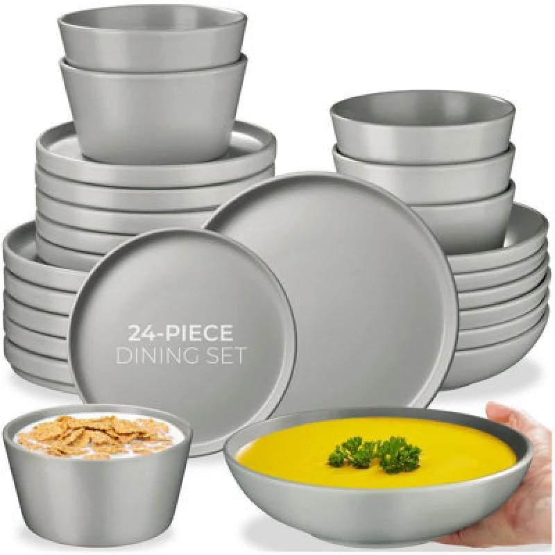 Image of Tectake 24 PC Dinnerware Set Una - Dinner Set, Incl. Plates, Bowls And Mugs, For 6 People - Grey