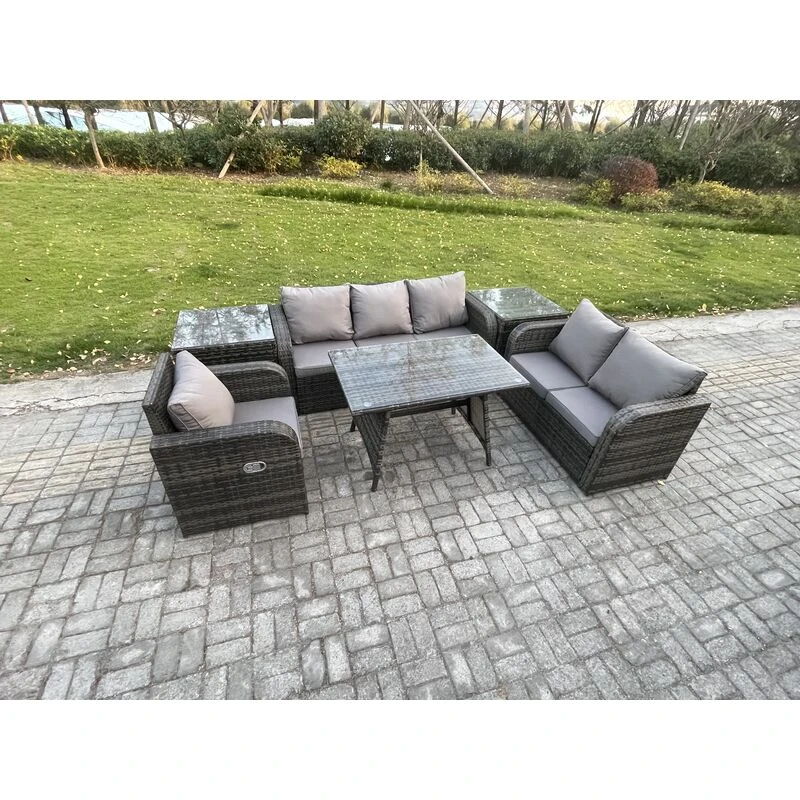 Image of Fimous 6 Seater Outdoor Rattan Garden Furniture Set Patio Lounge Sofa Set with Dining Table 2 Side Tables Dark Grey Mixed Dark Grey