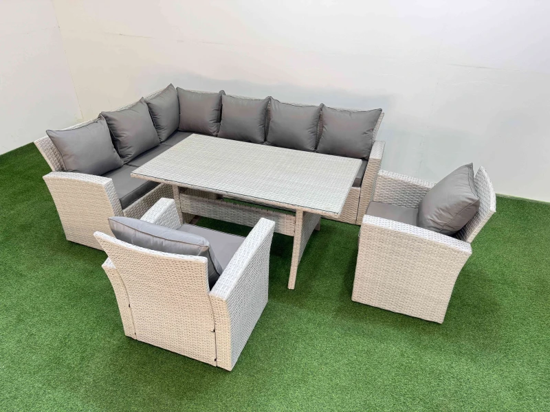 Image of Fimous 8 Seater Rattan Garden Furniture Set with Dining Table 2 Chairs in Light Grey Light Grey Unisex