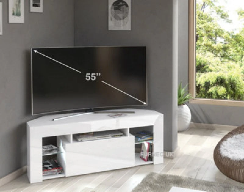 Image of Furneo White Corner TV Stand 125Cm Unit Cabinet Matt & High Gloss Milano 05 White LED Lights