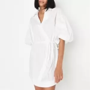 Image of Missguided Asymmetric Button Puff Sleeve Poplin Dress - White