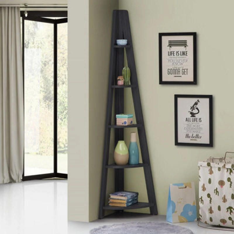 Image of Timber Art Design Riva Scandinavian Retro Corner Ladder Bookcase Shelving Shelf Unit Black 5 Tier