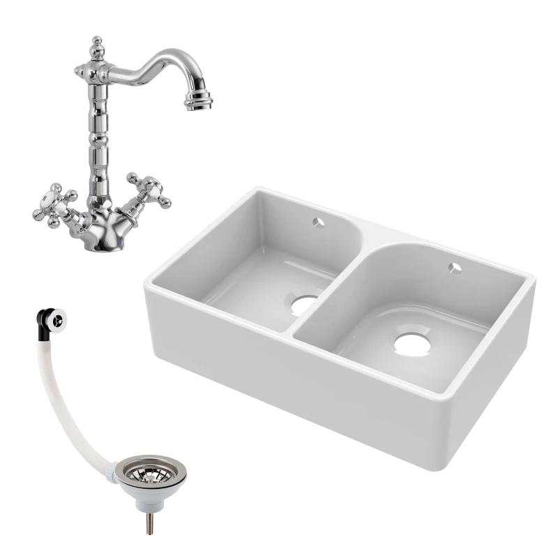 Image of Balterley Fireclay 2 Bowl Full Weir Butler Sink Overflow Tap Waste 795mm White