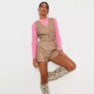 Image of Missguided Faux Leather Belted Playsuit - Neutral