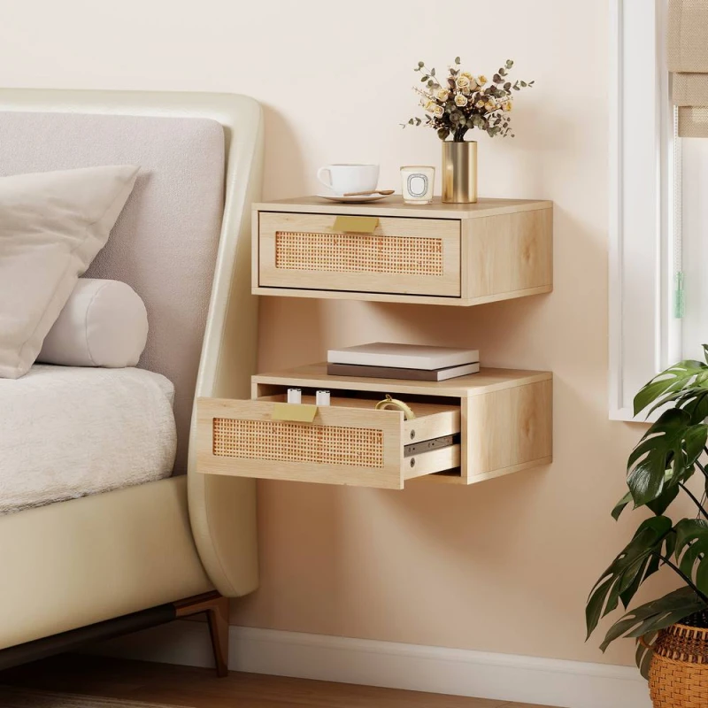 Image of HOMCOM Floating Bedside Tables Set of 2, Boho Nightstands with Rattan Drawer in Natural Size: 40cm x 30cm Natural Unisex 40cm x 30 cm