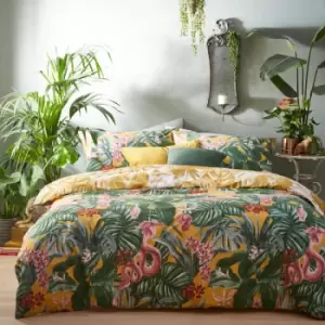 Image of Medinilla Tropical Jungle Print Reversible Duvet Cover Set, Mustard, King - Furn