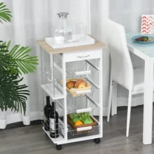 Image of HOMCOM Multi-Use Kitchen Island Trolley w/ 4 Baskets 2 Side Racks Drawer Worktop 4 Wheels Worktop Home Food Storage Spice Vegetables Fruits White