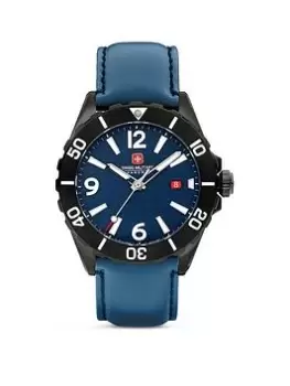 Image of Swiss Military Navy Genuine Leather Strap Buckle Watch with Blue Dial, Navy, Men