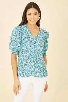 Image of Green Ditsy Print Puff Sleeve Top