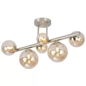 Image of Luminosa Marshall Semi Flush Ceiling Lamp, 6 Light G9, Satin Nickel, Amber Plated Glass