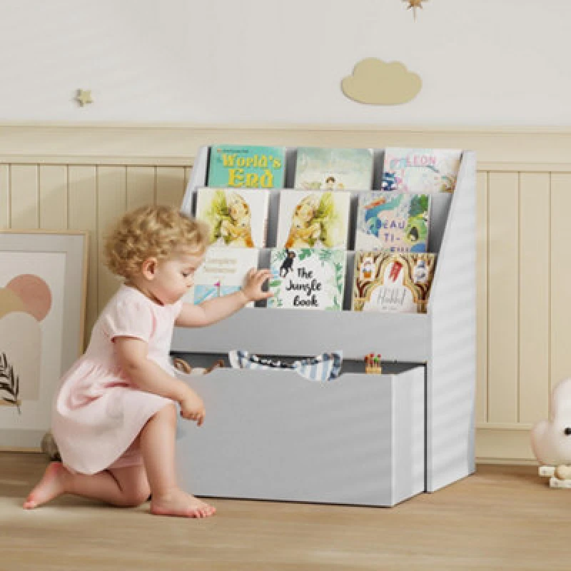 Image of Aiyaplay Kids Bookcase W/ 3 Tier Shelves, Drawer, For Bedroom, Nursery, Grey 311-075V81GY