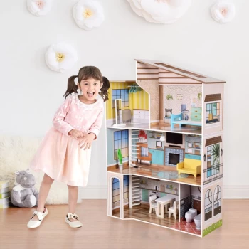 Image of Large Dreamland Mediterranean Contemporary Kids Interactive Wooden Dolls House 3 Floors with 17 Doll Furniture Accessories Multi TD-13551B - Multi