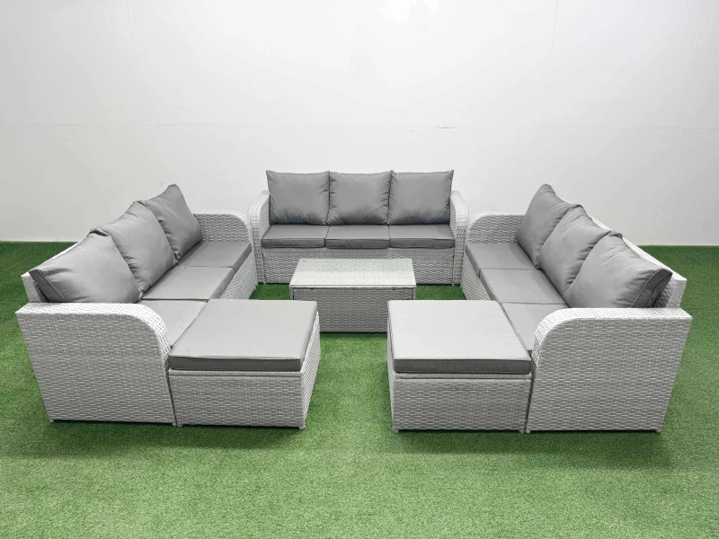 Image of Fimous PE Rattan Lounge Sofa Set 11 Seater Outdoor Garden Furniture Set with Rectangular Coffee Table 3 Seater Sofa 2 Big Footstools Light Grey Light