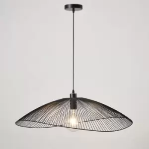 Image of Contemporary Large Black Pendant Ceiling Light. Decorative shade with curved metal threads, 80cm Diameter Adjustable height