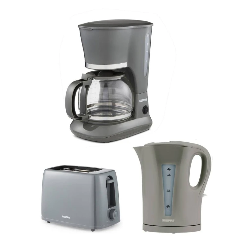 Image of Geepas 1.7L Kettle & Toaster Set with 1.5L Filter Coffee Machine in Grey Grey Unisex