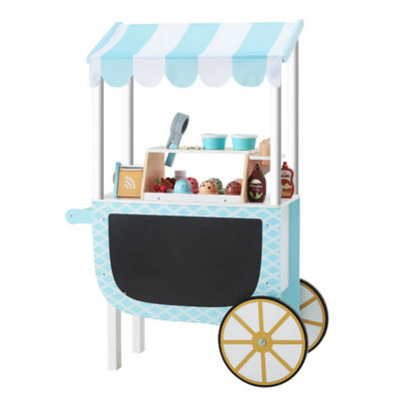 Image of Teamson Kids Children's Wooden Ice Cream Cart Playset & 33 Pc. Accessory Set, Blue/white