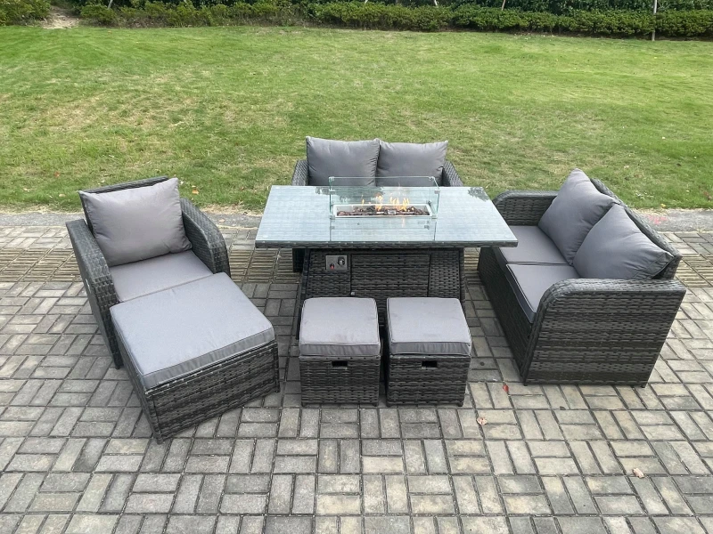 Image of Fimous Outdoor Sofa Rattan Garden Furniture Set Patio Gas Fire Pit Dining Table and Reclining Chair set with 3 Footstools Dark Grey Mixed Dark Grey