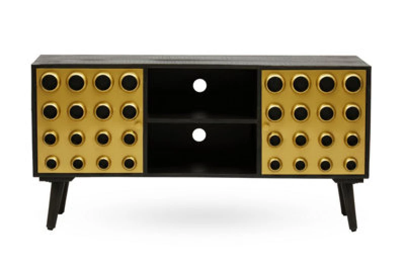 Image of Premier Housewares Mango Wood Media Unit, Mid-Century Modern TV Stand with Gold Accents, Black Frame with Storage Shelves Gold