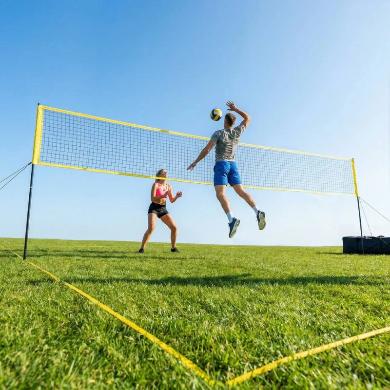 Image of SPORTNOW Portable Volleyball Net Set with Adjustable Height Steel Poles in Black Unisex