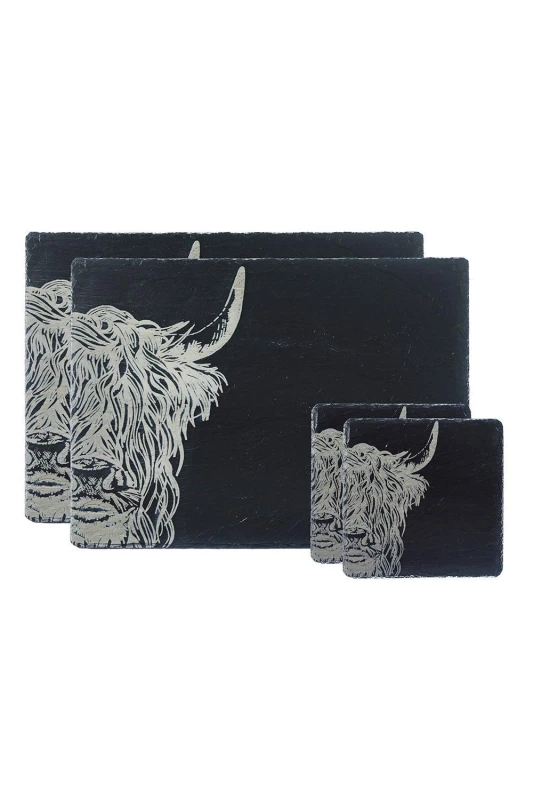 Image of Selbrae House Slate Coaster & Place Mat Set - Highland Cow Dark Grey unisex