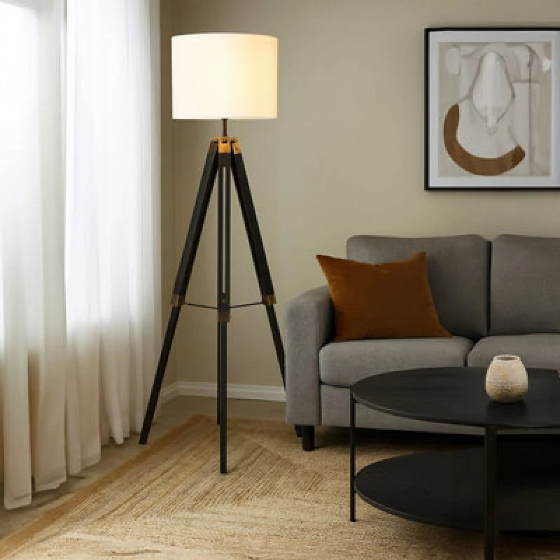 Image of Orsina Tripod Floor Lamp With Black Base, Cylindrical Shade Standing Lamp, Wooden Floor Lamp With Metal Bracing