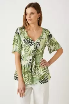 Image of Cream Tropical Leaf Tie Front Angel Sleeve Jersey Top
