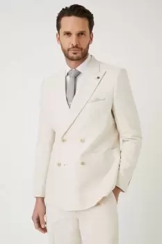 Image of Mens Slim Fit Stone Linen Blend Double Breasted Suit Jacket