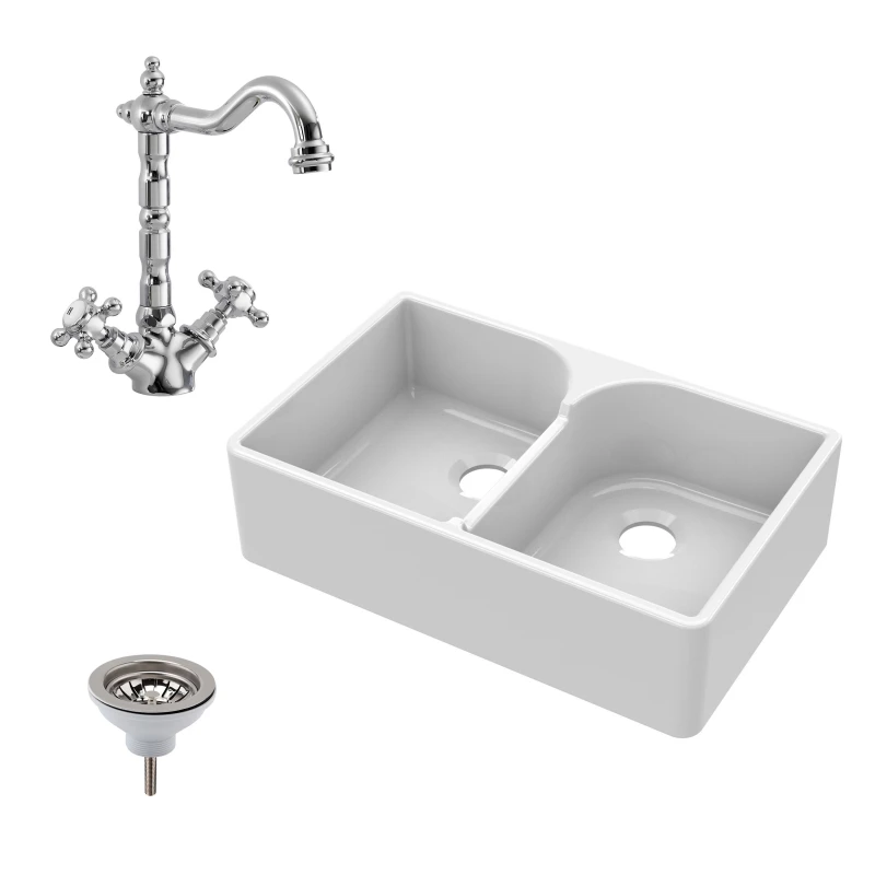 Image of Balterley Fireclay 2 Bowl Stepped Weir Butler Sink Tap Waste 795mm White