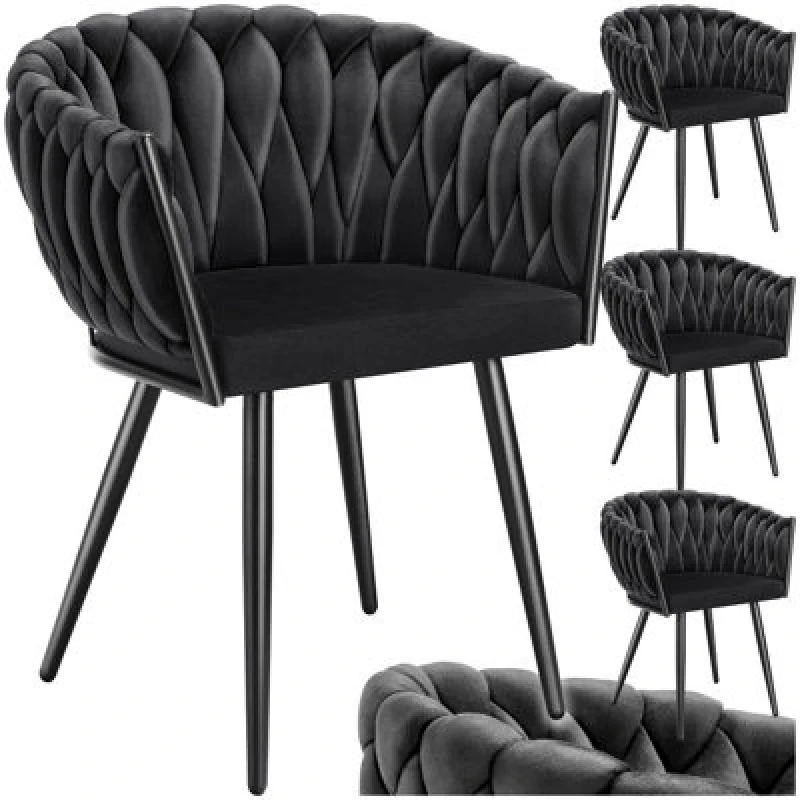 Image of Tectake Set Of 4 Dining Chair Astano - Padded, Velvet, Knot Design, Continuous Backrest - Black