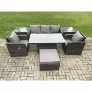 Image of Fimous 5 Seater Outdoor PE Rattan Dining Sofa Complete Set with Adjustable Table, 2 Side Tables and Big Footstool