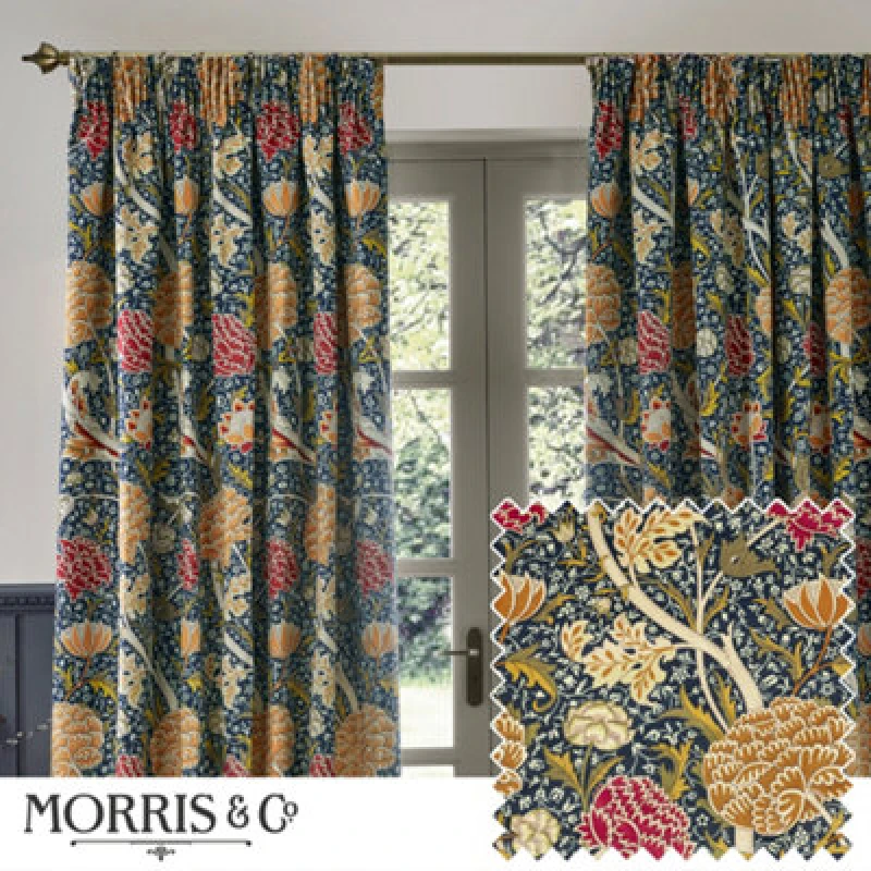 Image of Morris & Co Morris & Co Cray Floral Velvet Room Darkening Pencil Pleat Curtains in Indigo Size: 229cm width x 183cm drop Indigo 229cm width x 183cm