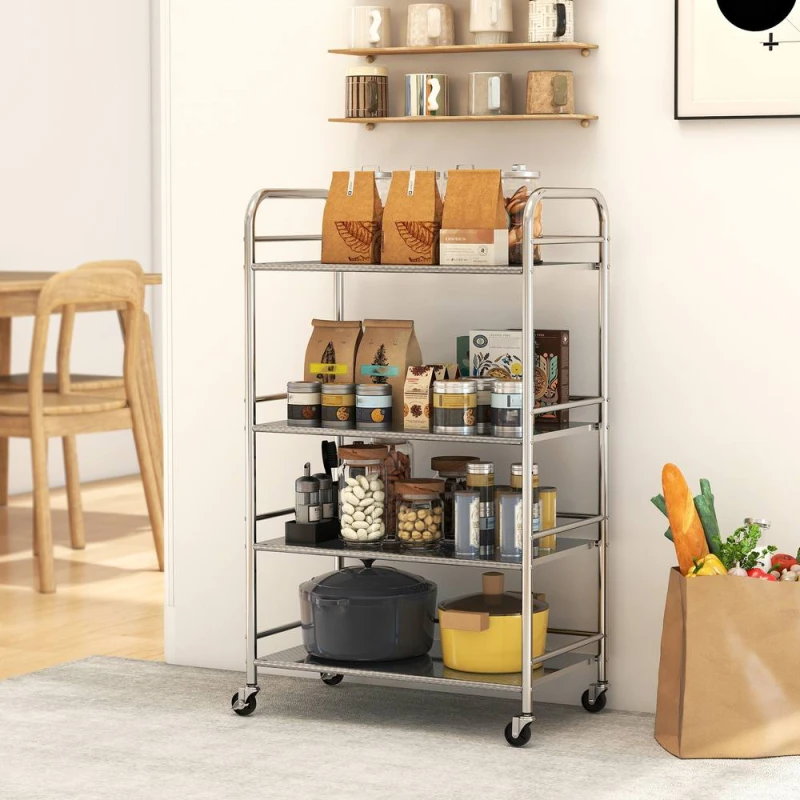 Image of HOMCOM 4 Tier Kitchen Trolley on Wheels Serving Cart with Handles Silver 801-396V01SR