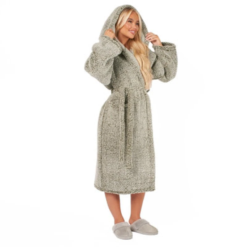 Image of OHS OHS Teddy Marl Fleece Adults Dressing Gown Full-Length Robe in Grey Grey One Size Unisex 5027434165162