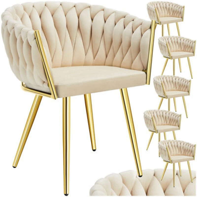 Image of Tectake Set Of 6 Dining Chair Astano - Padded, Velvet, Knot Design, Continuous Backrest - Sand-Colored/gold