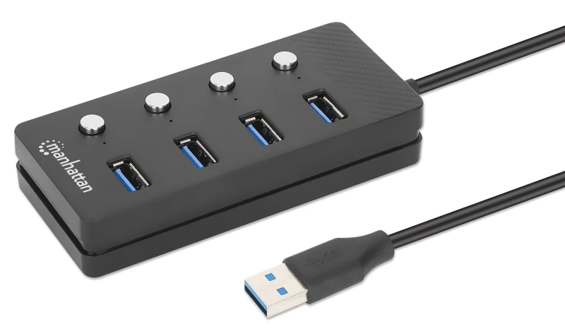 Image of Manhattan Manhattan USB-C Dock/Hub, Ports (x4) with on/off switch for each port: USB-A (x4), 5 Gbps (USB 3.2 Gen1 aka USB 3.0), Universal for all devi