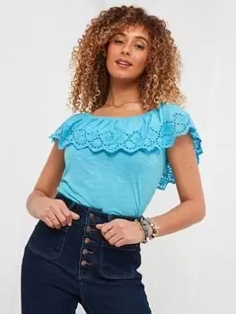 Image of Joe Browns Broderie Frill Bardot T-Shirt - Blue Size 12, Women