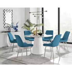 Image of Furniturebox Palma White Marble Effect 120cm Round Minimalist Dining Table & 6 Blue Pesaro Silver Leg Velvet Chairs