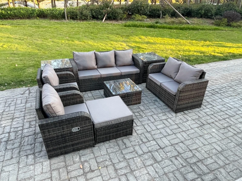 Image of Fimous 8 Seater Garden Furniture Set Rattan Outdoor Lounge Sofa Chair With Tempered Glass Table 2 Side Tables Big Footstool Dark Grey Mixed Dark Grey