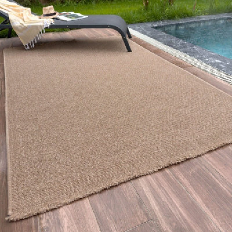 Image of THE RUGS Jute Looking Greek Key Design Outdoor Rugs in Neutral for Garden Patio Nature 5100N in Natural Size: 80cm x 150cm Natural Unisex 80cm x