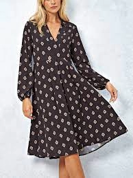 Image of James Lakeland Black V Neck Collar Dress - 8 - brown