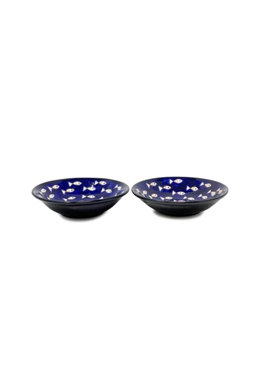 Image of Verano Spanish Ceramics Signature Blue & White Fish Hand Painted Ceramic Set of 2 Pasta Bowls (Diam) 23cm White Unisex