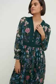 Image of Floral Dobby Chiffon Lace V Neck Midi Dress